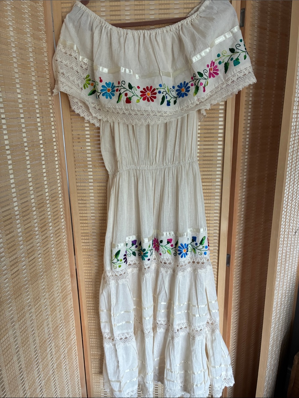 Embroidered Off-Shoulder Maxi Dress - Ivory with Bright Floral Trim